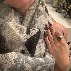 Chunky Geometric Scarf. 27” x 72 woven 50% acrylic, 40% cotton, 10% mohair.